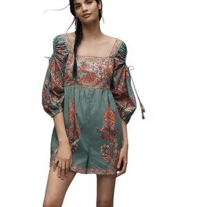 Farm Rio x Anthropologie Puff-Sleeve Square-Neck Romper, Floral, Cotton, Size M